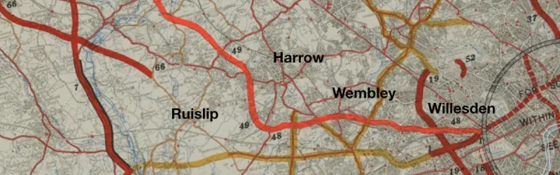 Bressey's proposed route north west, via Harrow and Watford, from the Highway Development Plan 1937 (highlighted in red). Click to enlarge