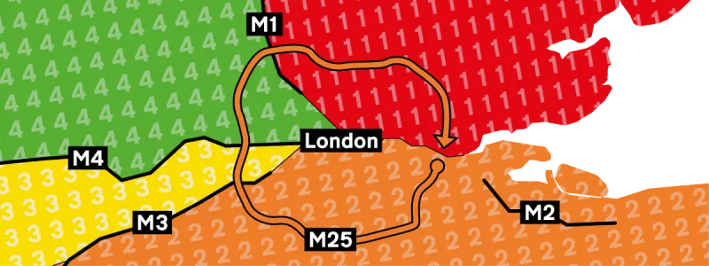The M25 is a 2-zone motorway despite its journey through the other zones. Click to enlarge
