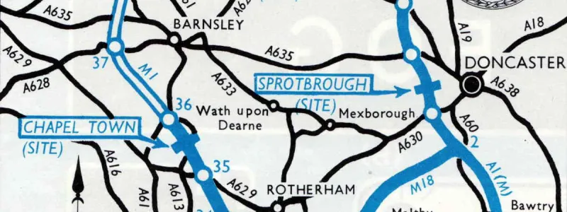 A 1960s RAC motorway map shows Chapel Town (and Sprotbrough, above) as "sites" for later development. Click to enlarge