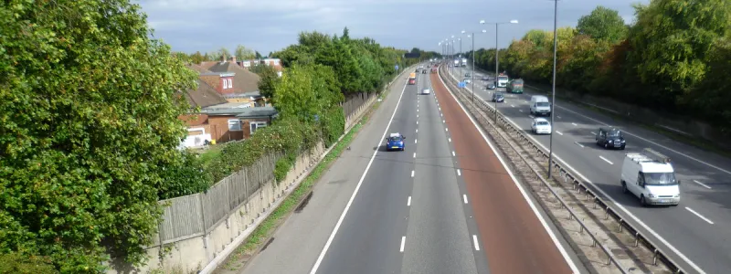 The M4 between Boston Manor and Heston, raised on a slight (and difficult to see) embankment of Hyde Park earth. Click to enlarge