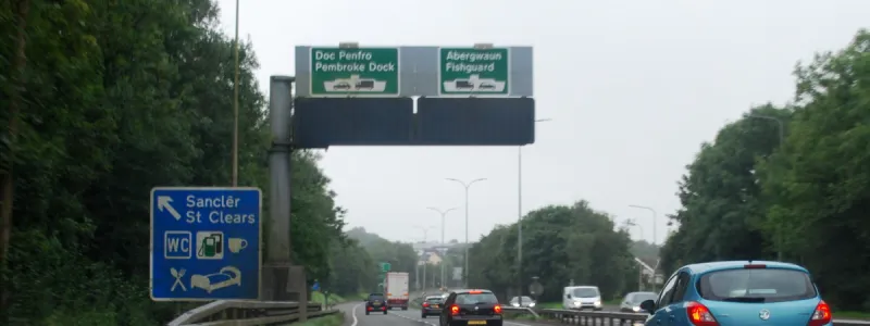 Running out of dual carriageway at St Clears, with traffic splitting between the north and south of Pembrokeshire. Click to enlarge