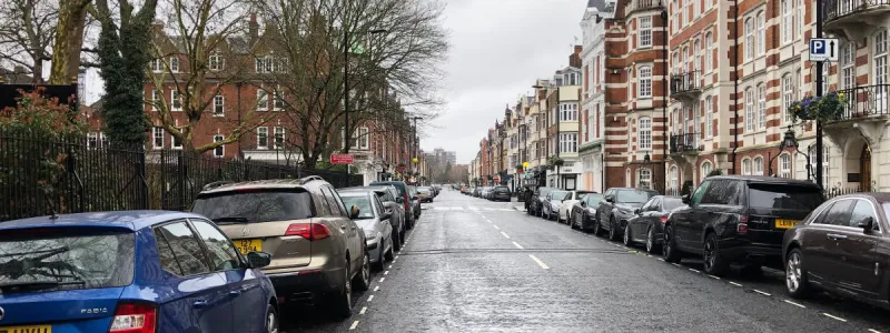 St John's Wood High Street, looking north, with the zebra crossing in the middle distance. Click to enlarge