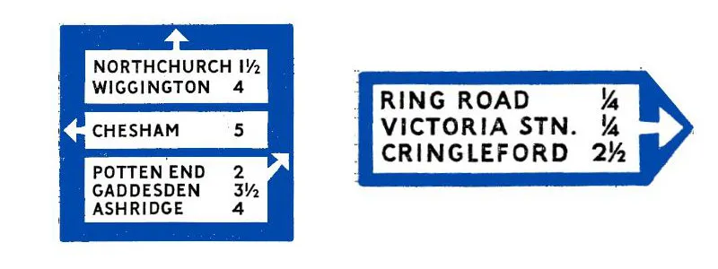 Blue-background local direction signs as specified in the 1944 traffic sign regulations. Click to enlarge