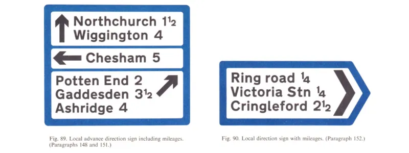 Local direction signs specified in the 1964 Worboys Report. Even the example destinations are identical to those used for pre-Worboys signs. Click to enlarge