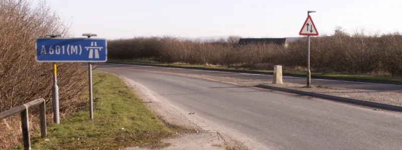 The eastern terminus of the A601(M), on a B-road just outside Carnforth. Click to enlarge
