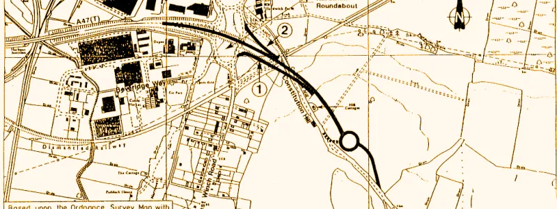 Indicative plan from 1996 legal orders for a flyover scheme at Hardwick, making use of those embankments. Click to enlarge