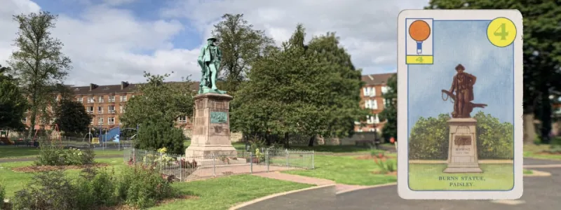 Standing tall over Paisley's Fountain Gardens, the statue of Robert Burns. Click to enlarge