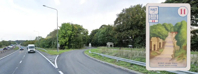 Lost behind a lay-by, the relocated temple of Robin Hood's Well. Click to enlarge