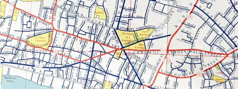 This 1950s map is unusual in showing road numbers within the City. The A3, A10, A11 and A40 can be seen approaching Bank; the A4 is marked on Cannon Street just to the south. Click to enlarge