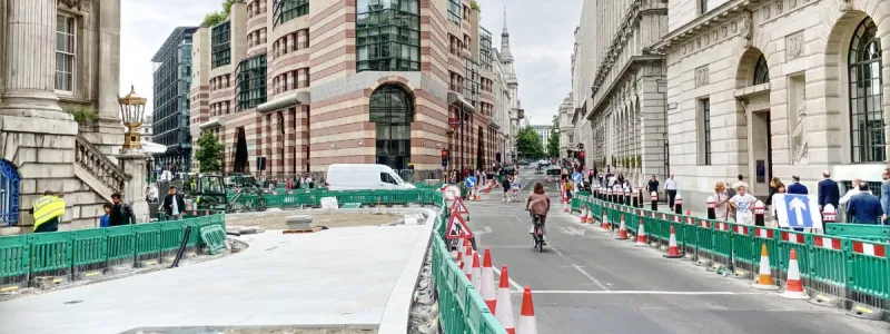 Roadworks ongoing to narrow Poultry, once the start of the A40. Click to enlarge