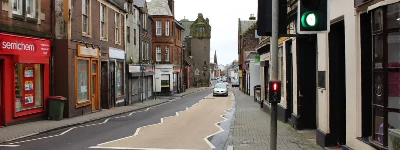 Maybole's narrow high street, now relieved of through traffic and part of the B77. Click to enlarge