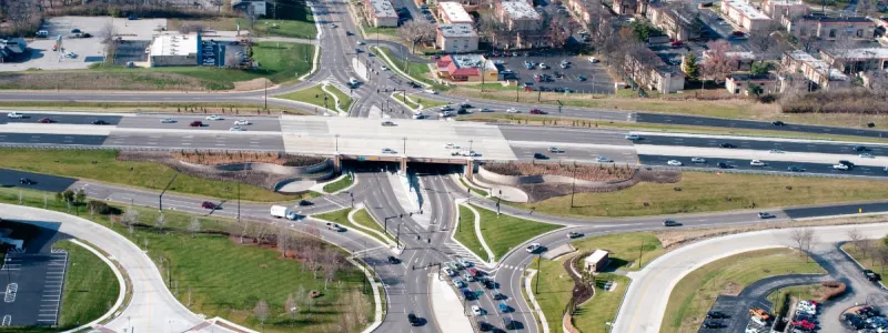 A diverging diamond interchange in Missouri. Innovative and highly efficient designs like this are becoming commonplace around the world - but are yet to be tried here. Click to enlarge