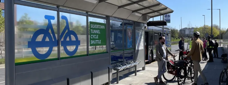 The new Silvertown Cycle Shuttle waits to depart through the tunnel. Click to enlarge