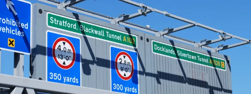 Height restrictions on the northbound Blackwall Tunnel, which until now have prevented HGVs crossing here. Click to enlarge