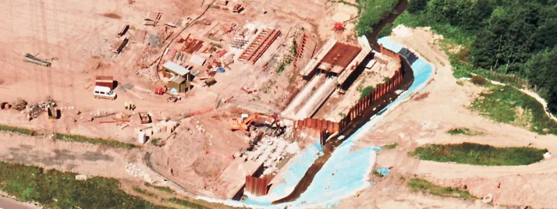 Culvert extension works captured in one picture: diversion, demolition and construction. Click to enlarge