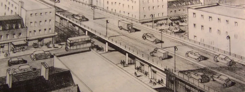 Artist's impression of the Arterial A-Ring after redevelopment, with shops below and surrounding buildings aligned with the new road. Click to enlarge
