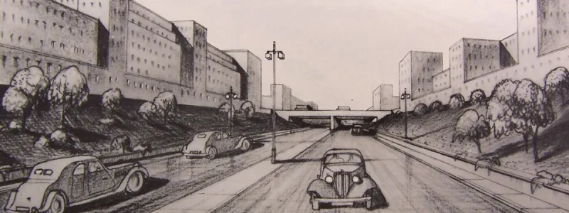 The Arterial "A" Ring - a 1940s proposal for a motorway-standard inner ring road - is one of the predecessors to London's 1960s motorway plans. Click to enlarge