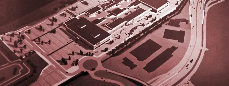 Brent Cross Shopping Centre alongside Ringway 2 in a 1969 architect's model. Suburban development that would encourage car use was promoted in the GLDP but directly at odds with the GLC's policy aims. Click to enlarge