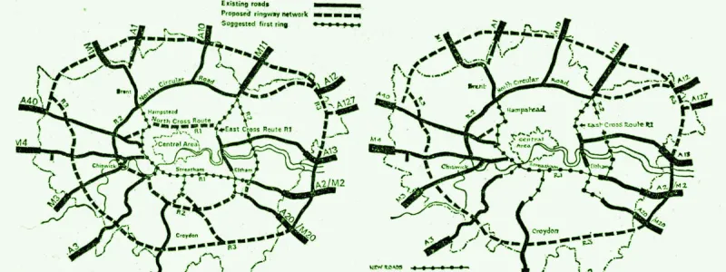 The original motorway network (left) and the slightly reduced network proposed by the GLC Conservatives in 1972. The diagram is from a local newspaper in Croydon, where the change received the widest coverage. Click to enlarge
