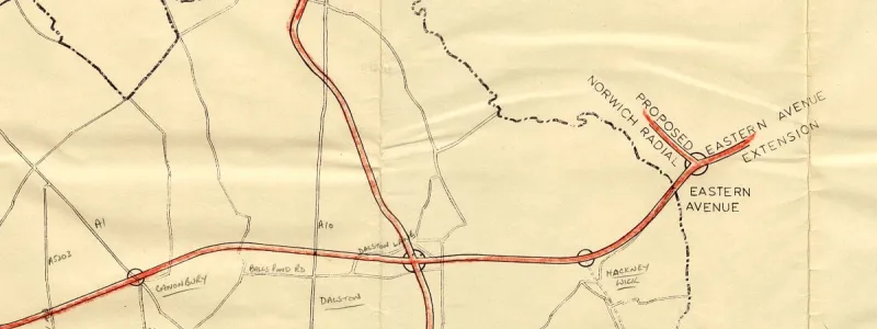 The LCC's Cambridge Radial travels up the middle of this map extract, parallel to the A10 Dalston High Road. Click to enlarge