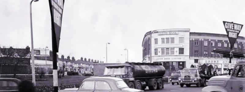 Gants Hill Roundabout on Eastern Avenue, 1964: a nearly-new trunk road that had become a shopping centre. Click to enlarge