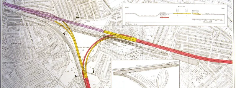 The M23 interchange, shown on engineering plans, would have occupied almost all of Tooting Bec Common. Click to enlarge