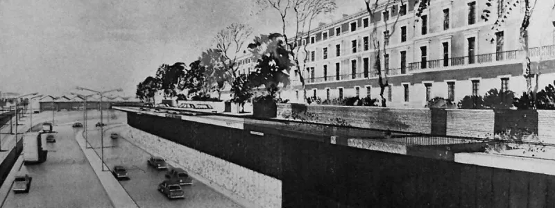 Artist's impression of the Camden Town Bypass published by the GLC, showing the road passing just below the terrace at Oval Road. Click to enlarge