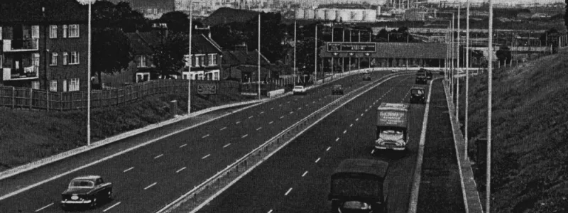 The A102(M) Blackwall Tunnel Southern Approach shortly after opening circa 1967. Note the vanishing hard shoulder on the left. Click to enlarge