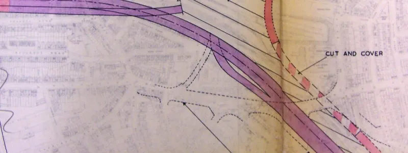 Plan of Hackney Wick Interchange, 1966, with diagonal shading indicating areas where "interchange details are not yet decided". The Eastern Avenue Extension is not shown here. The final design of this junction remains very elusive. Click to enlarge
