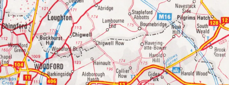 The route of the modern M25 on a 1970s map, labelled as M16. Click to enlarge