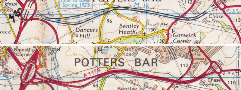 M16 at Potters Bar, under construction in 1974 as the M16, and open in 1978 as A1178. Click to enlarge