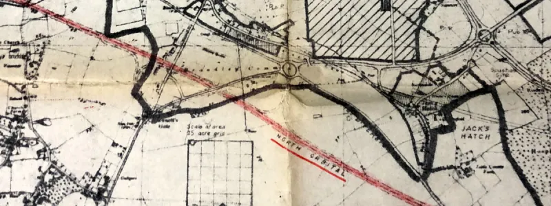 A glimpse of North Orbital Road on the edge of a 1969 plan for the expansion of Harlow New Town. Click to enlarge