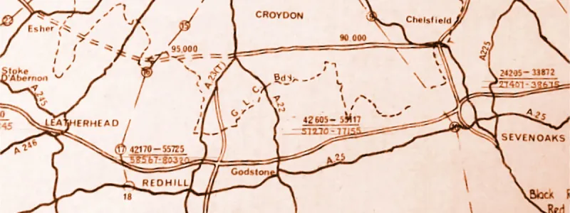A 1965 diagram showing traffic forecasts for 1985 on Ringway 3 and the South Orbital. Click to enlarge