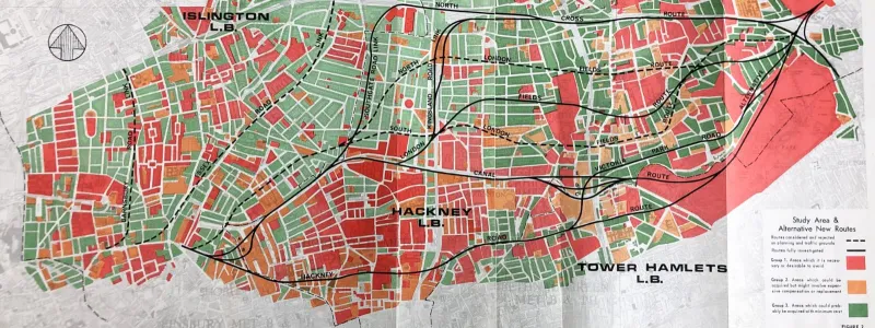 A composite of all the routes examined for the Eastern Avenue Extension in the 1965 study. Click to enlarge