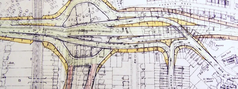 Detail of the M23's temporary terminus at Tooting Bec Common, proposed in 1964, with the Tulse Hill Link to the right. Click to enlarge