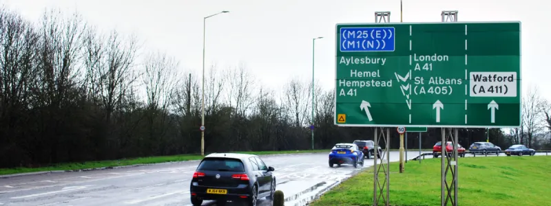The A41(M) would have started here at Hunton Bridge Roundabout. For many years carriageway stubs existed on the left, ready for the motorway's arrival. Click to enlarge