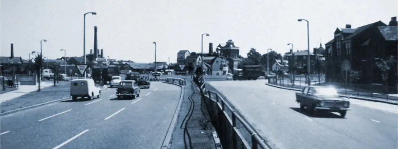 The A4 at Chiswick, approaching the Hogarth Roundabout, seen in 1966. Upgrading a road like this would be difficult and costly. Click to enlarge