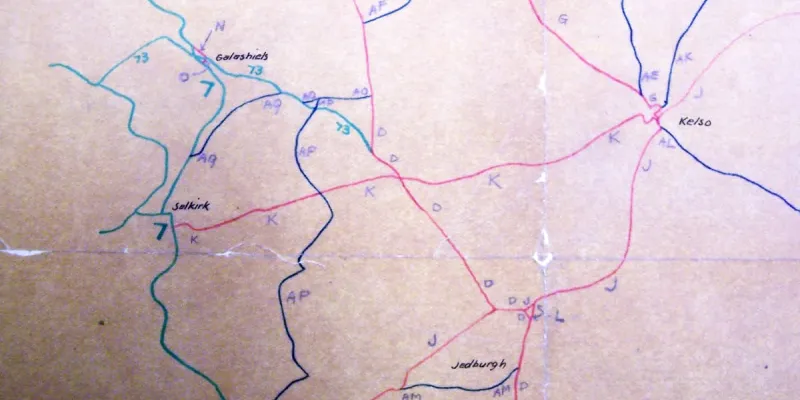 Lettered routes in the Scottish Borders, with single letters for A-roads and pairs for B-roads. Click to enlarge