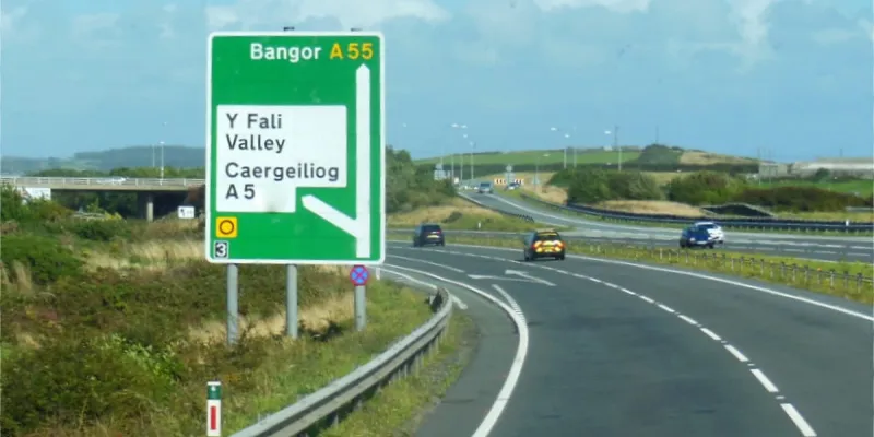 In Anglesey the A55 is a major trunk road and the A5 a local access. Click to enlarge