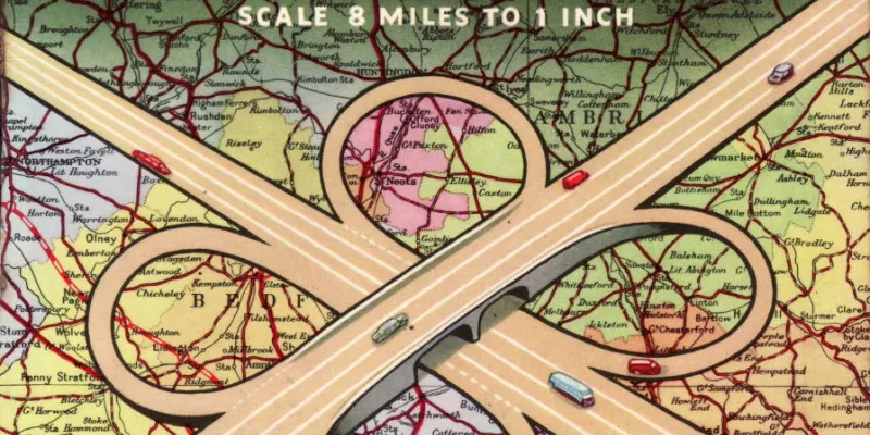 A cloverleaf - with some vital parts missing - on a 1961 Johnson's road atlas. Click to enlarge
