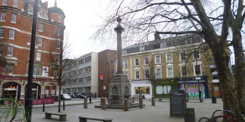 A drinking fountain and pedestrian plaza at the north end of Tabernacle Street and Paul Street. They will be Ultra Low Emission streets, but immediately behind the camera is the Inner Ring Road carrying more than 30,000 vehicles each day. Click to enlarge