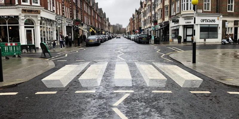 The crossing from a driver's perspective. As you move closer to the road surface, the illusion becomes more effective. Click to enlarge