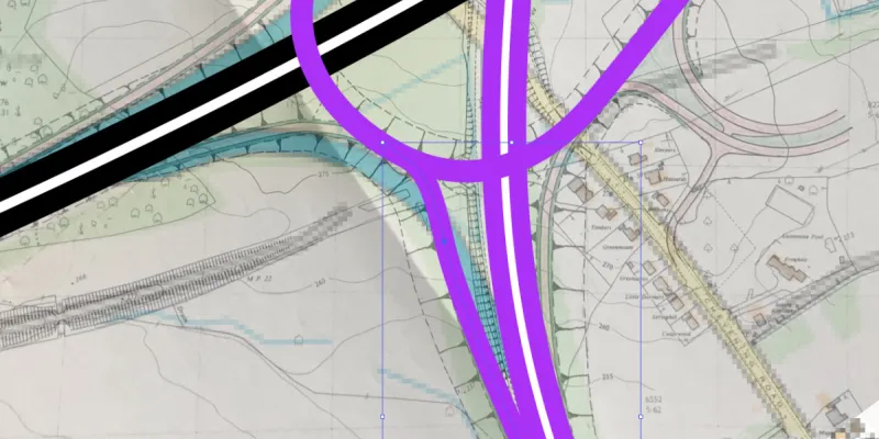 A section of route map being traced over engineering drawings. Click to enlarge
