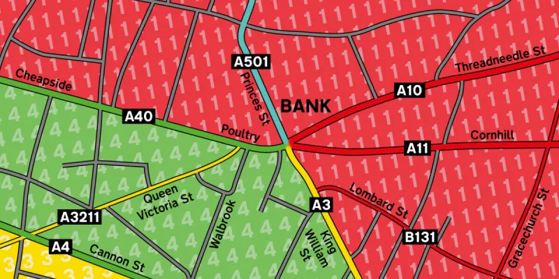 The numbered roads approaching Bank, and the unexpected pattern of numbering zones around them. Click to enlarge