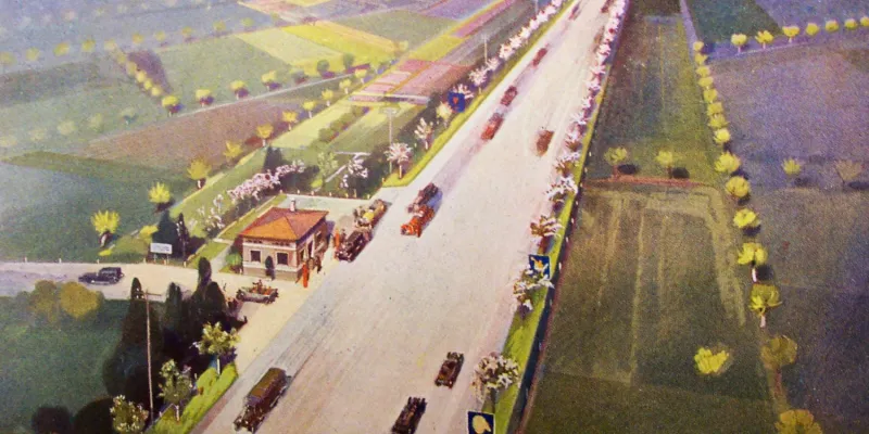 An artist's impression of the Autostrada, rather grander and wider than the finished product. Click to enlarge