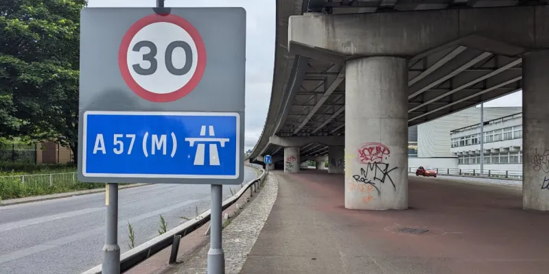 Brand new 30mph speed limit signs on the Mancunian Way. Click to enlarge