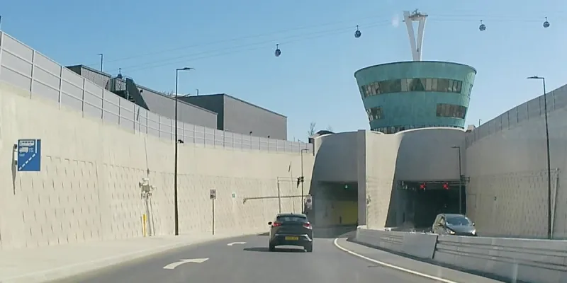 The mouth of the Silvertown Tunnel with the cable car above. It's very nice, but what's it for? Click to enlarge