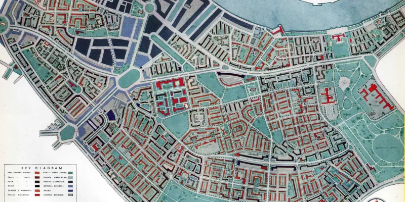 A suggested plan for the redevelopment of Bermondsey from the County of London Plan 1943. Tower Bridge is visible at the top of the map and Southwark Park is to the right. Click to enlarge