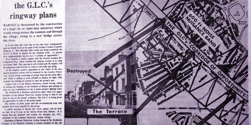 The Barnes Motorway Action Group make their case in print, including a map defaced with the "Corridor of Opportunity". Click to enlarge