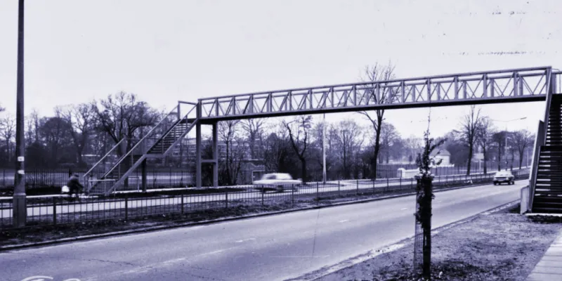 A newly-installed footbridge over the A10 Great Cambridge Road near Enfield in 1970. Click to enlarge